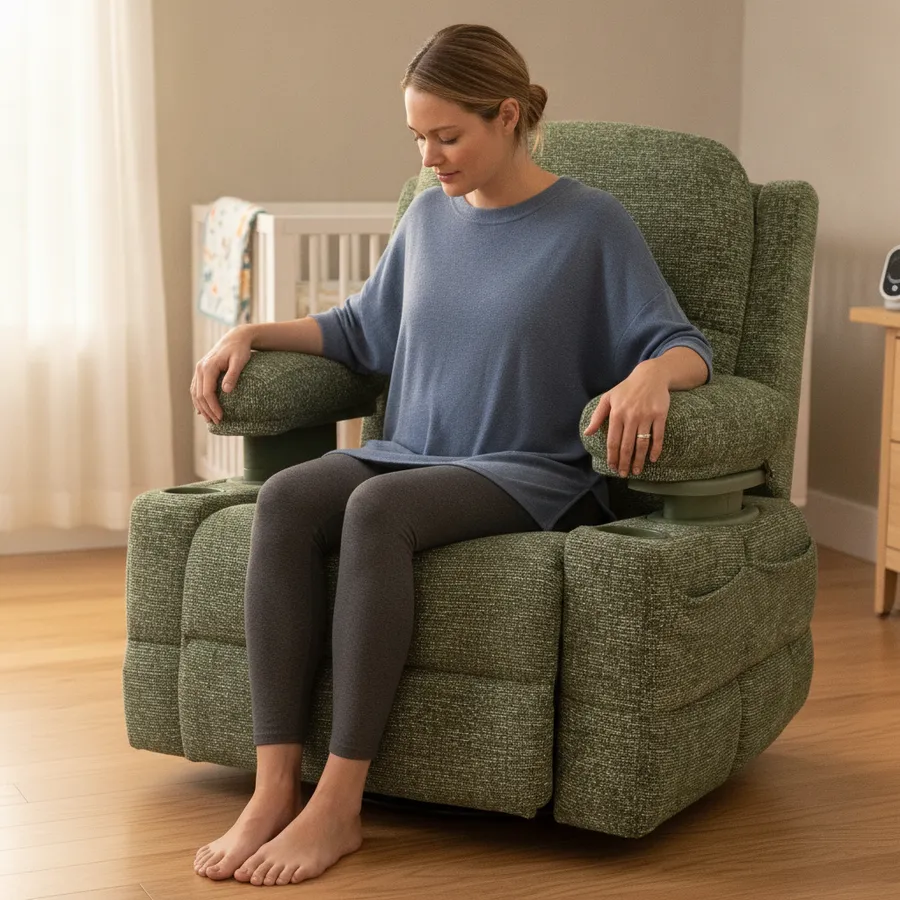 AI-generated representative image of a postpartum woman carefully bracing on both armrests to stand up from a chair, with a crib nearby — not an actual photo of a real patient