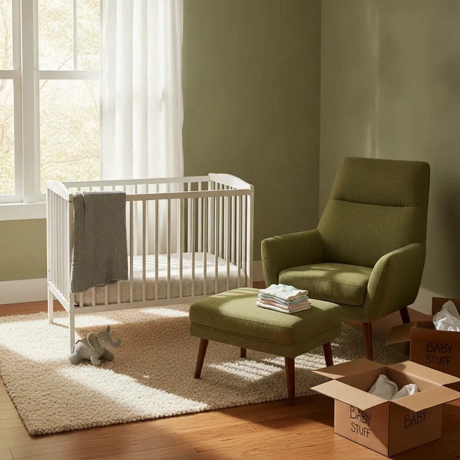 AI-generated representative image of a cozy in-progress nursery corner with a crib, chair, and unpacked baby-supply boxes