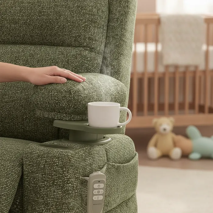 AI-generated representative photo of a hand resting on the chair's armrest, showing the cup holder and corded remote — not an actual photo of the reviewed unit