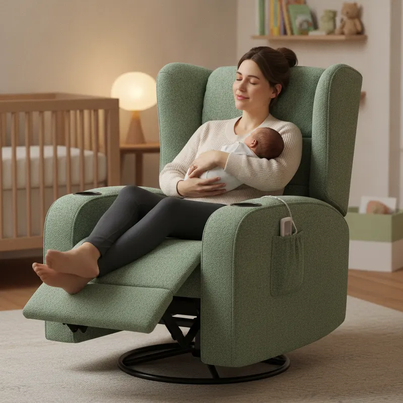 AI-generated representative image of a parent reclined in a chair styled after this product, cradling a baby — not an actual photo of the reviewed unit