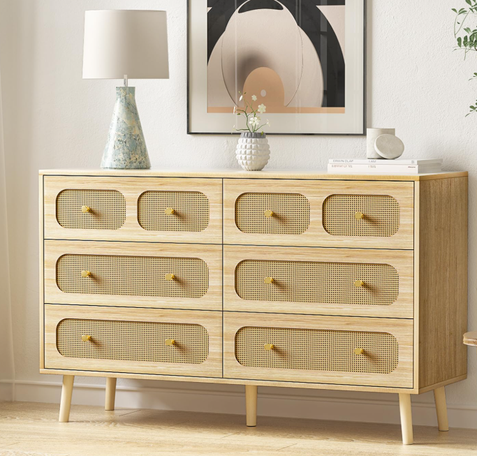 Teddy Bear Nursery setup featuring a Light Wood Nursery Dresser with woven rattan drawer fronts and sleek brass knobs, shown 