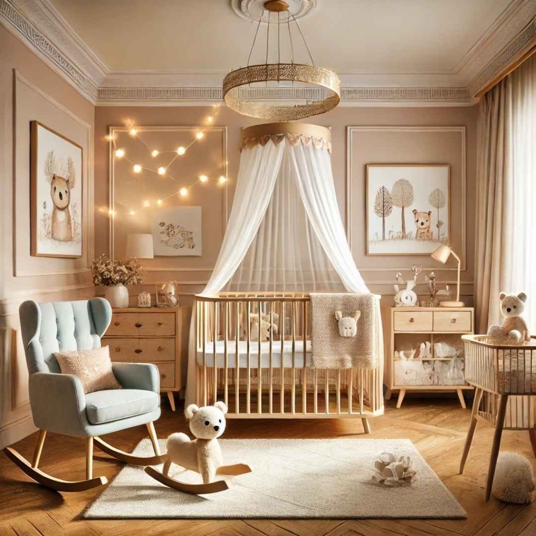 Teddy Bear Nursery scene featuring a warm, neutral-toned room with a wooden crib under a sheer canopy, a tufted rocking chair